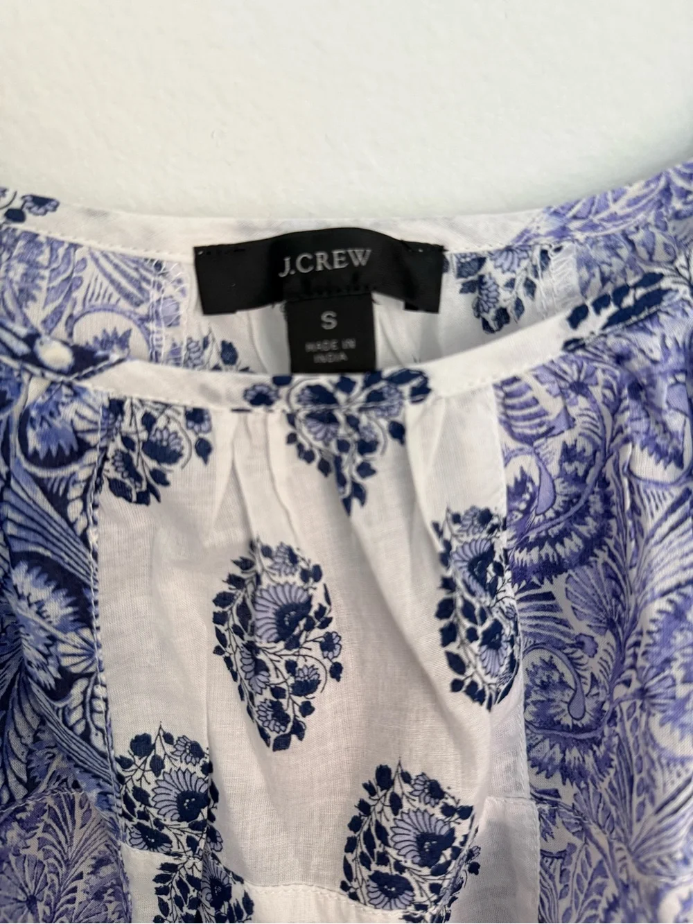 J. Crew White and Blue Printed Puff-Sleeve Blouse